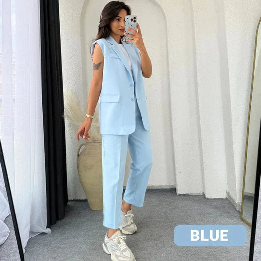 Vinthentic Women’s Stylish Sleeveless Blazer & High-Waisted Pants Set