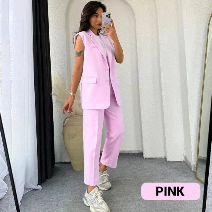 Vinthentic Women’s Stylish Sleeveless Blazer & High-Waisted Pants Set
