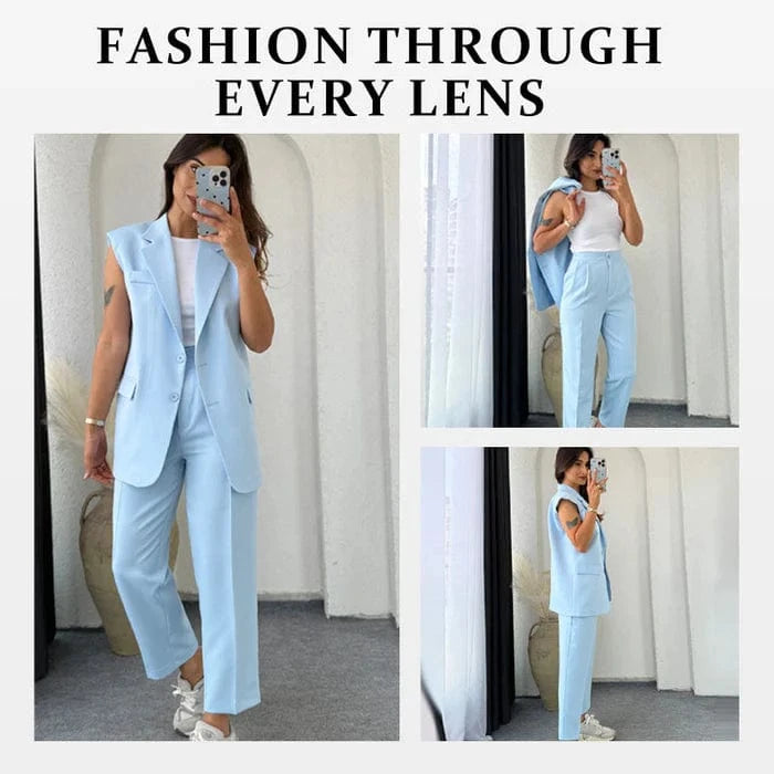 Vinthentic Women’s Stylish Sleeveless Blazer & High-Waisted Pants Set