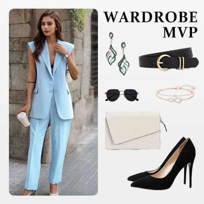 Vinthentic Women’s Stylish Sleeveless Blazer & High-Waisted Pants Set