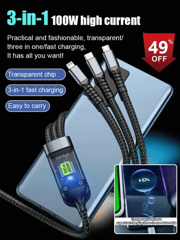 Vinthentic Transparent Luminous Super Fast Charging 3-in-1 Data Cable
