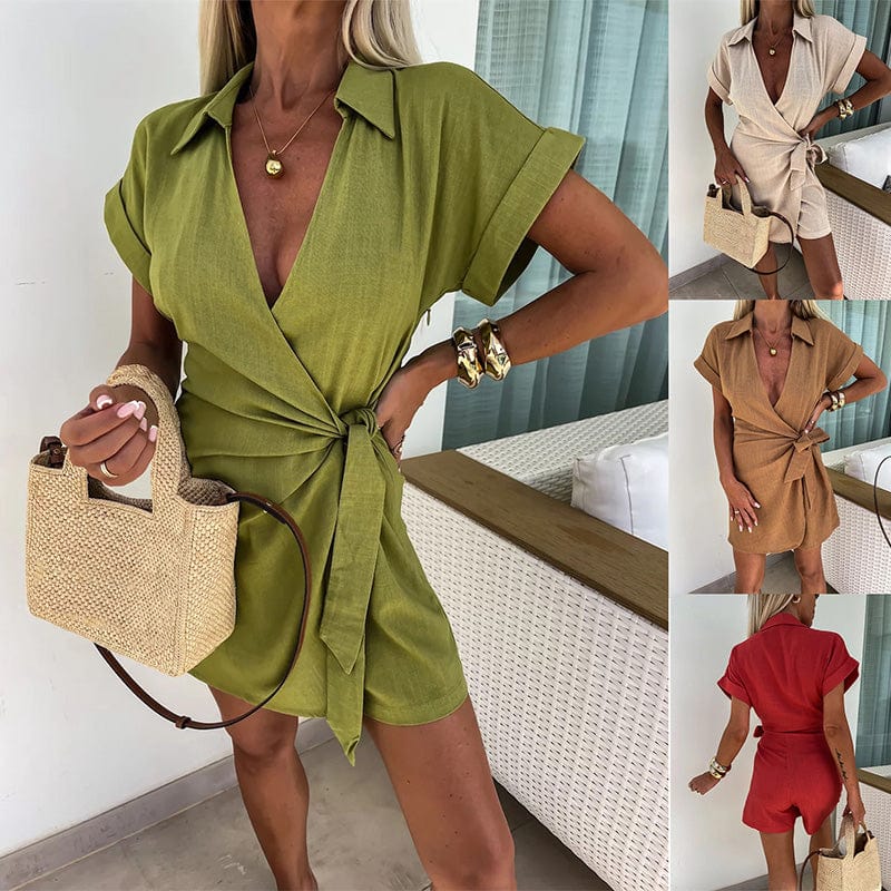 Vinthentic's Cotton Linen Sexy V Neck Romper